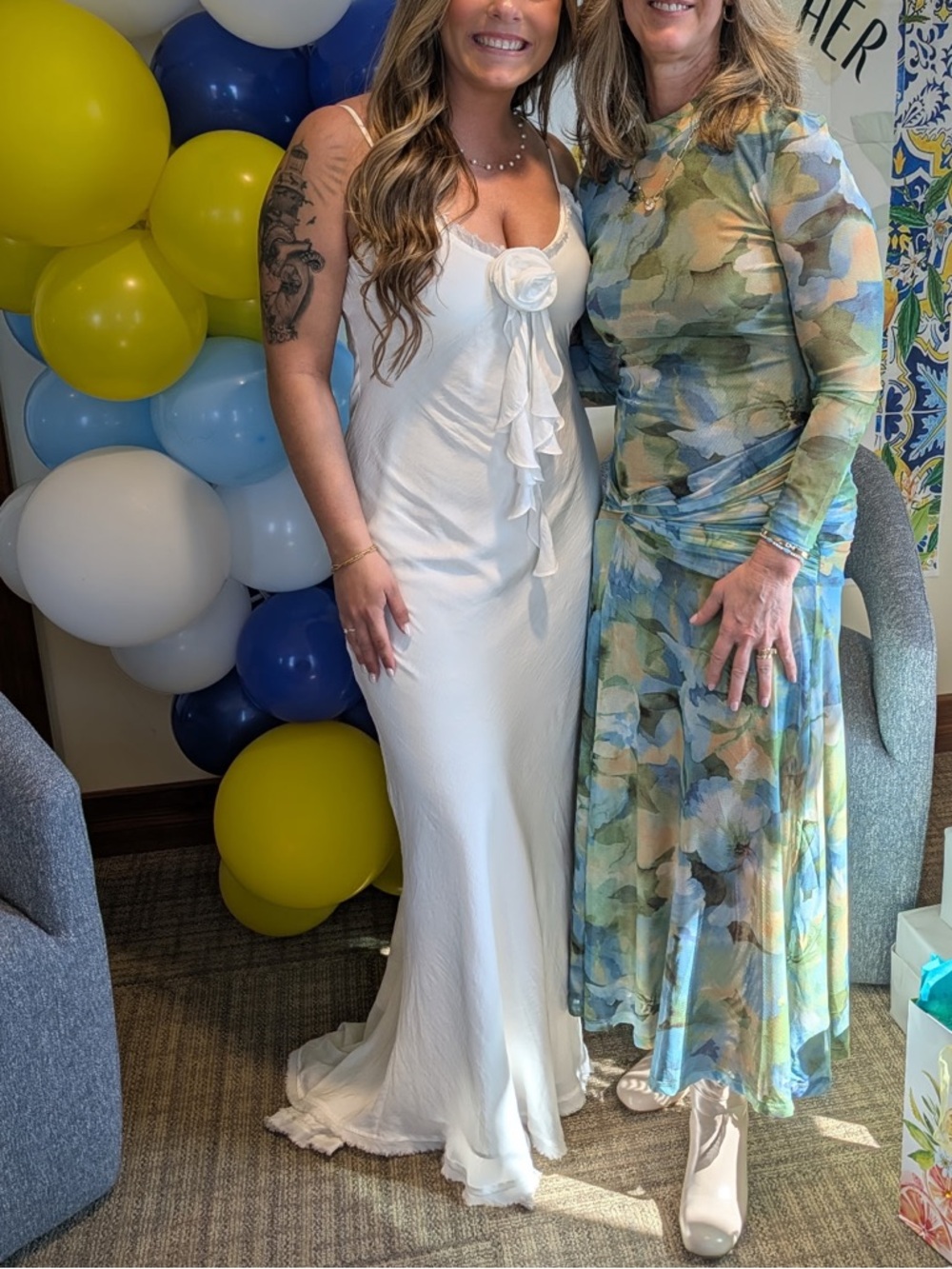 12th Tribe White Maxi Slip Dress with Rosette Detail